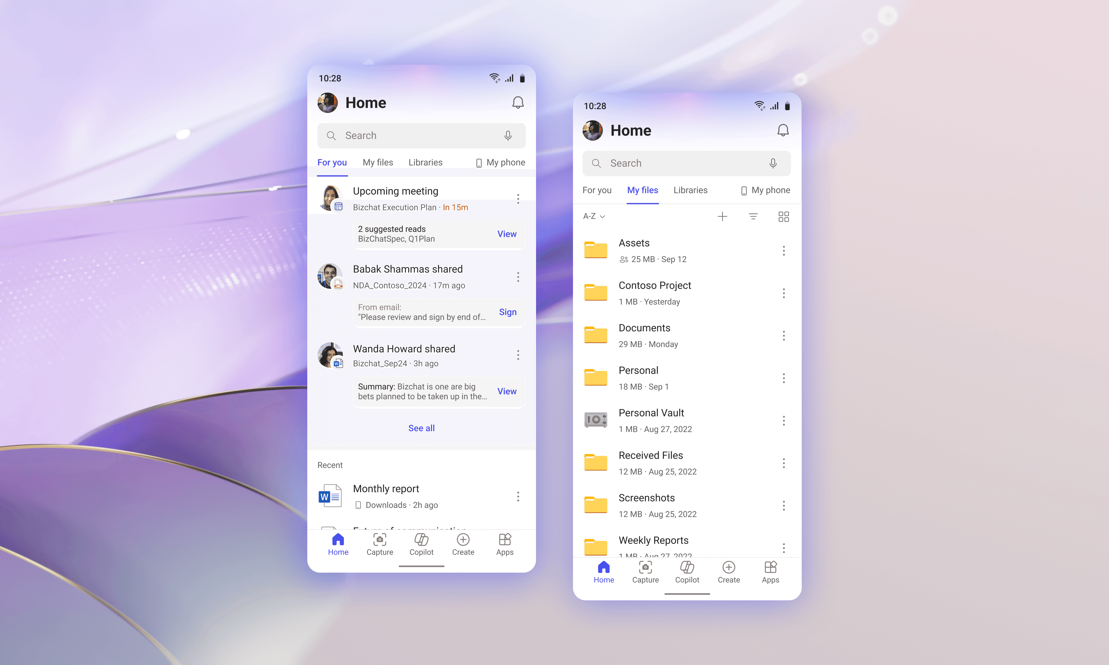 The redesigned M365 Mobile home page on two phones