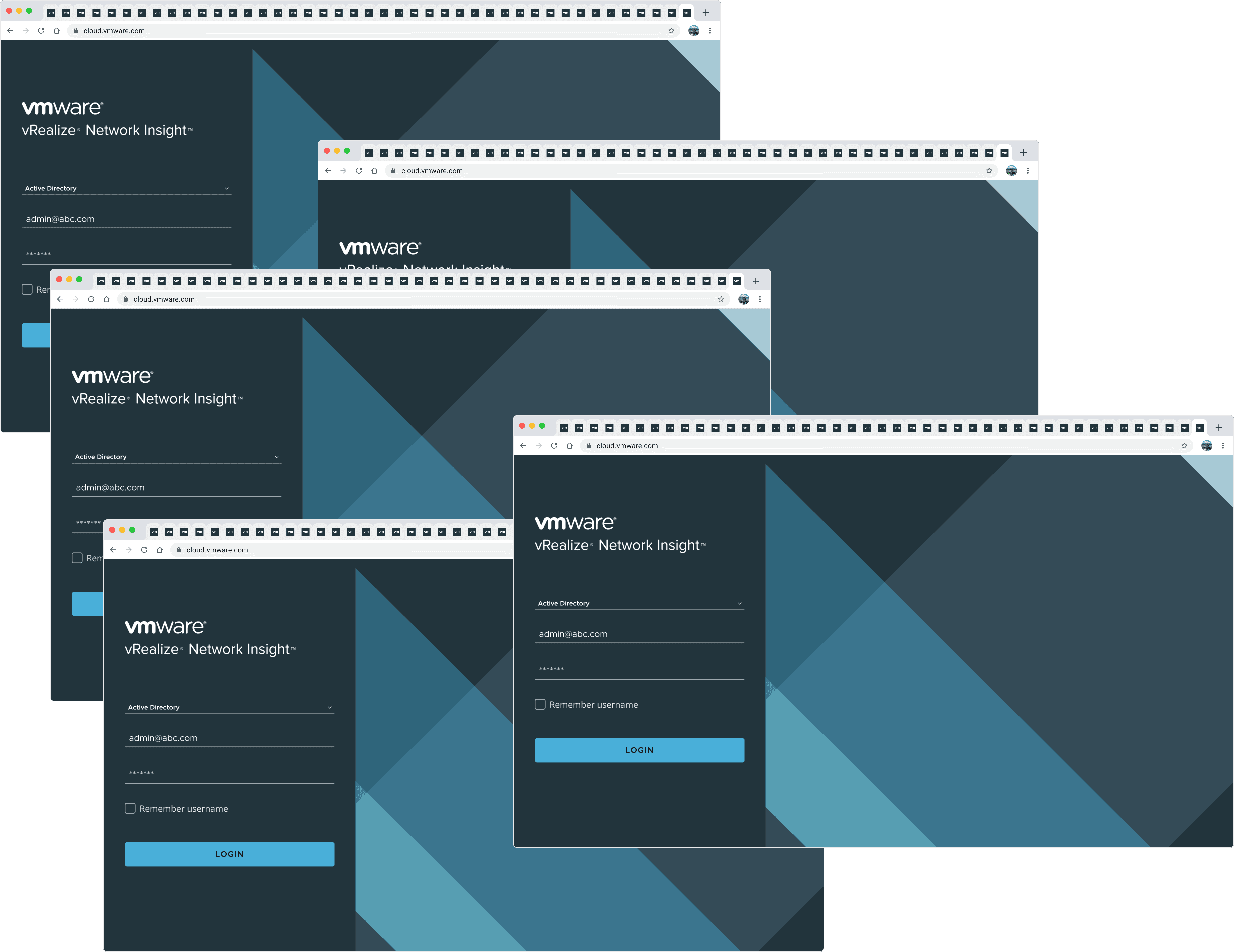 A cascade of vRealize Network Insight login windows, each stacked with dozens of tabs